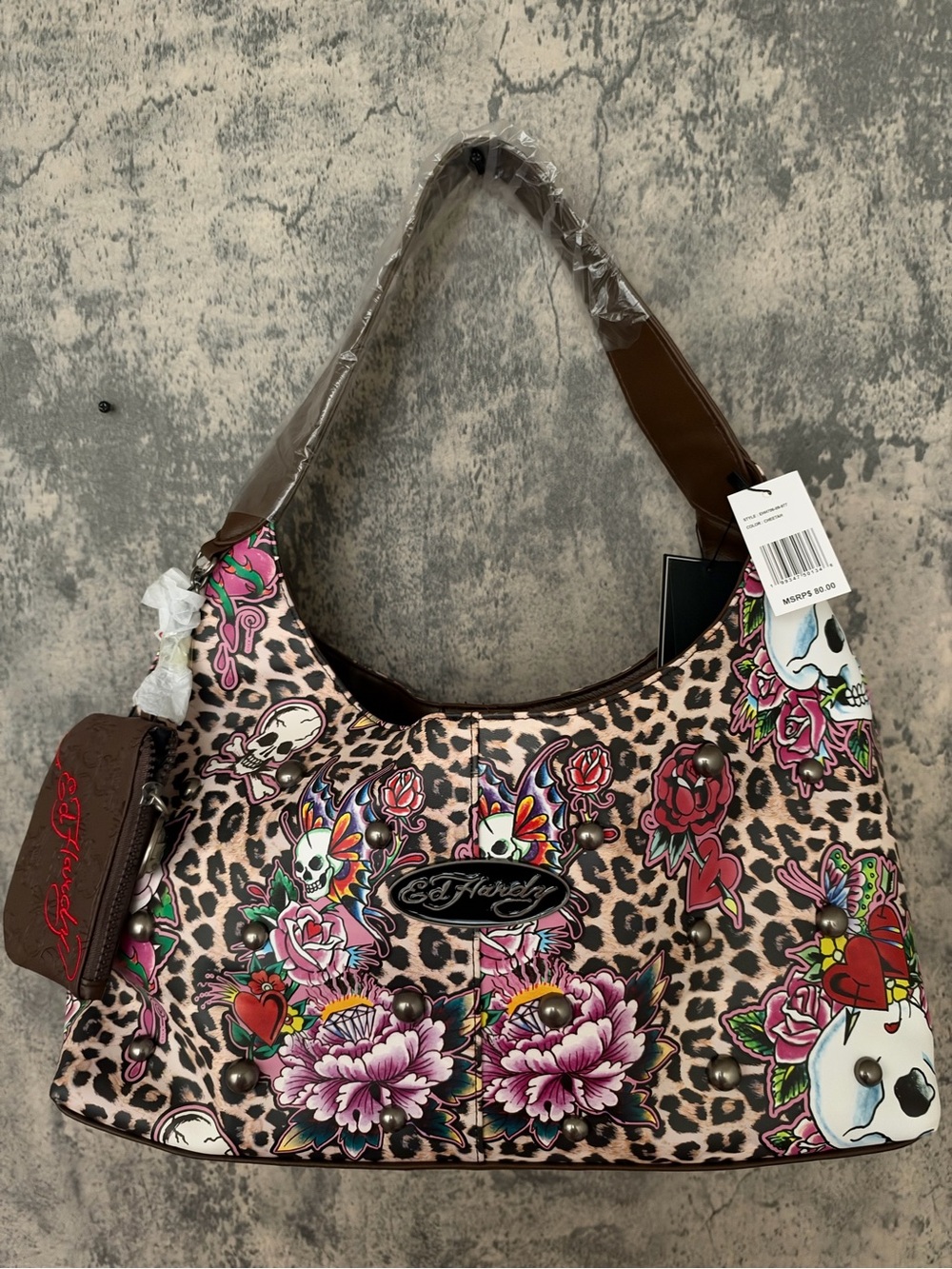 Ed Hardy Brown Leopard Tattoo Floral Shoulder Bag with Pink & Red Accents